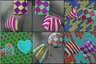 Pick the image of the striped cone and the checkered cube