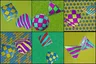 Pick the image of the striped cube and the checkered heart